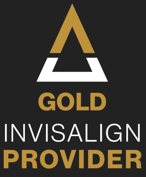 The image features a logo with stylized text and an icon resembling a triangle, accompanied by the words GOLD INVISALIGN PROVIDER in capital letters.