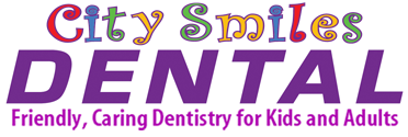 The image shows a logo with colorful text that reads CITY SMILES DENTAL, which is presumably the name of a dental practice, set against a gradient background.